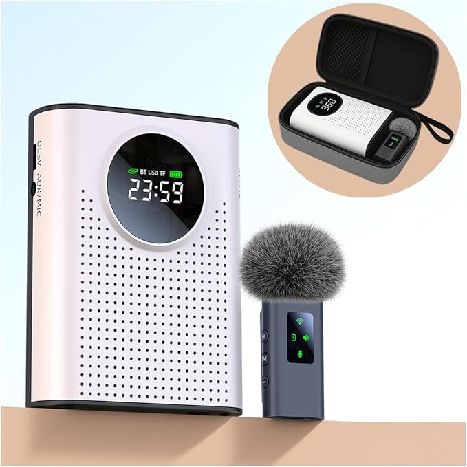 Voice Amplifier with Wireless Microphone for Teachers – Portable Bluetooth Clip-On PA System with Lapel Mic and Speaker for Classroom,Tour Guide, Meeting Presentation, Conference,White
