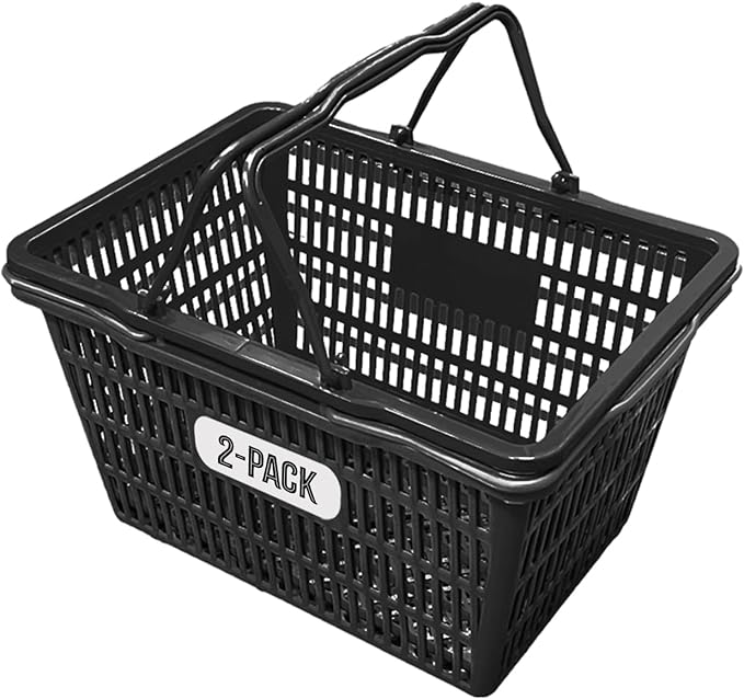 Stackable Plastic Shopping Baskets, Black, Easy-Grip Handles for Grocery, Retail, Liquor Stores, Home Use (Black, 2-pack)