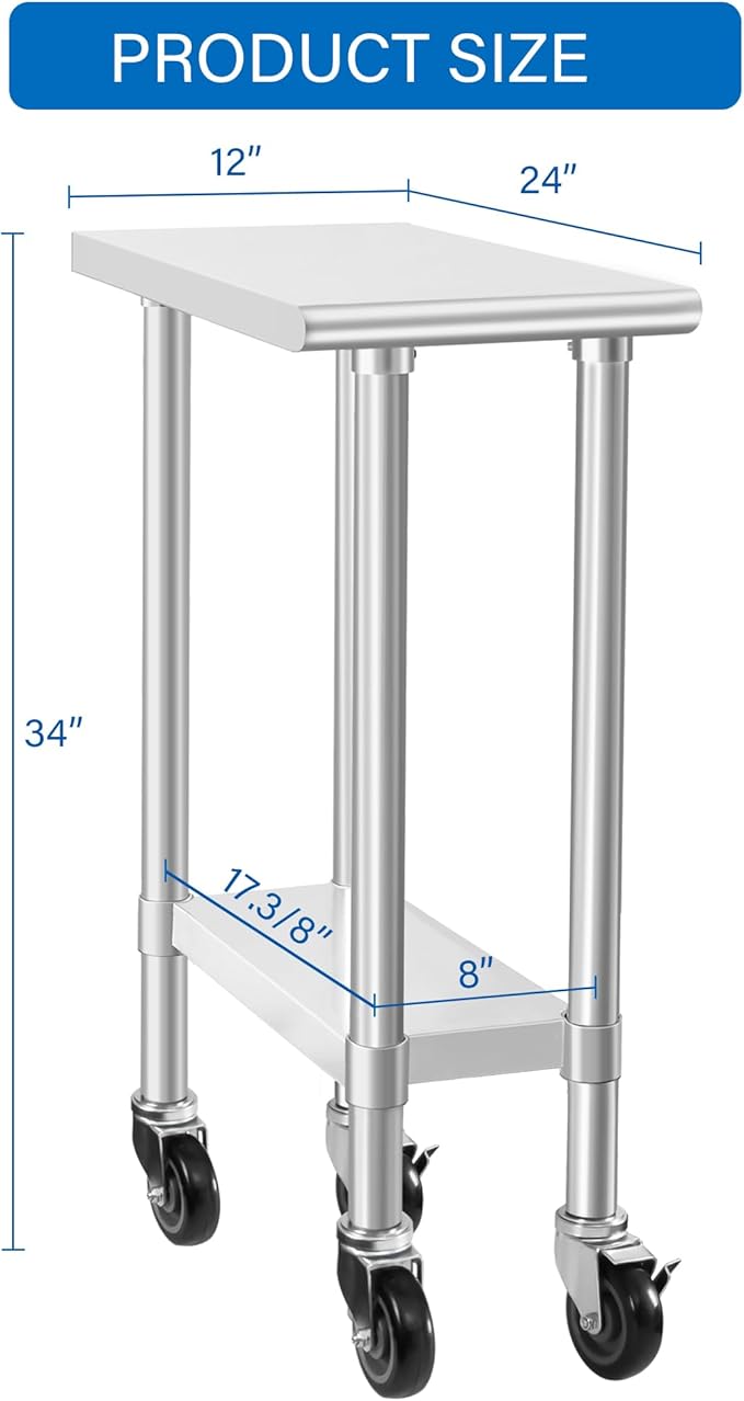 HARDURA Stainless Steel Commercial Table Prep & Work Table with Casters Heavy Duty Metal Table with Wheels NSF 430 24×12 Inches