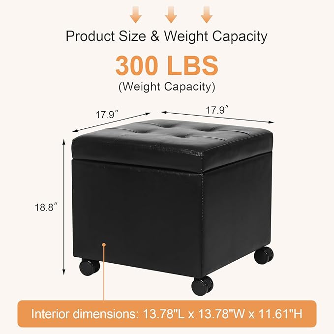 Homebeez Leather Storage Ottoman with Steerable Rolling Wheels, 17.9" Square Small Foot Rest Stool Tufted Cube Footstool with Hinged Lid, Load 300 lb, for Living Room, Bedroom, Entryway, Black
