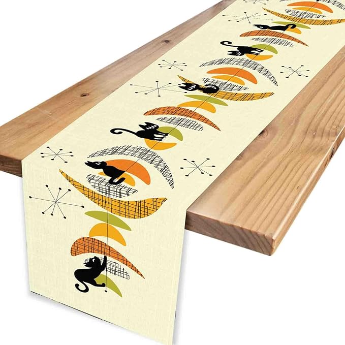 Mid Century Table Runner, Retro 1950s Black Cat Atomic Modern Abstract Coffee Table Center Decor for Home Kitchen Dining Patio Holiday Party Indoor Outdoor Table Decorations, 13"x72" Inch