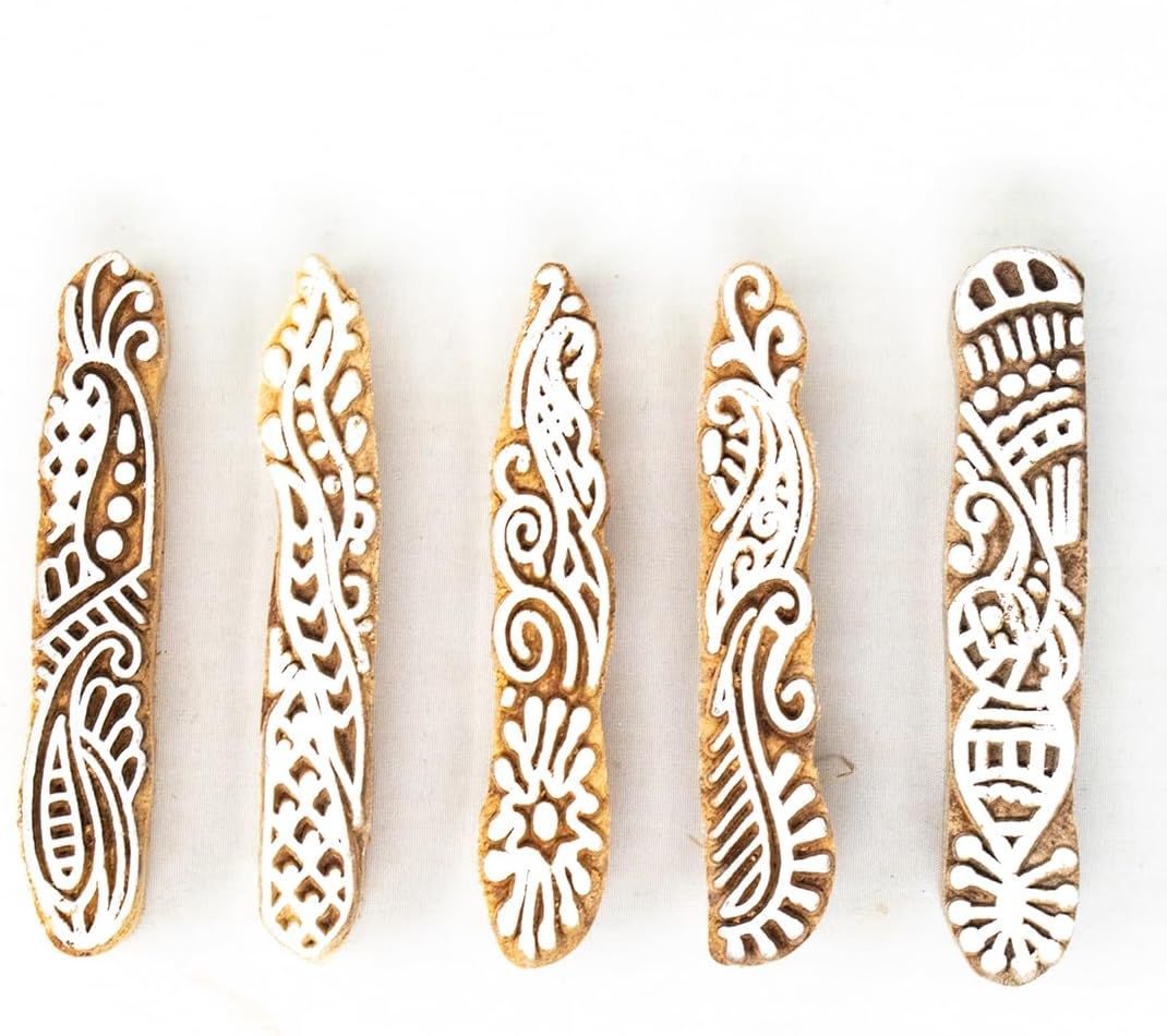 Hashcart Wooden Indian Traditional Design Printing Stamps/Blocks for Printing Saree Border/Dresses/Craft Card Making/Scrapbook/Clay Pottery (Set of 5)