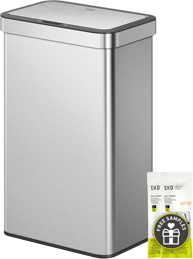 EKO Econova 30L+30L Dual Compartment Motion Sensor Trash Can, 16 Gallon Automatic Kitchen and Recycling Bin, Soft-Close Lid, Fingerprint-Resistant Stainless Steel Garbage Bin, 2 Inner Buckets