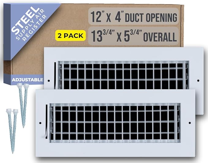 [2 Pack] Fits 12x4 Duct Opening Steel Adjustable Air Supply Grille by Handua | Register Vent Cover Grill for Sidewall and Ceiling | White | Outer Size: 13.75" X 5.75"