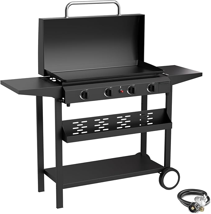 4 Burner BBQ Gas Griddle with Hood, 30 Inch Stainless Steel Portable Detachable Propane Griddle, 60,000 BTU Flat Top Grill with Side Shelves for Camping, Black
