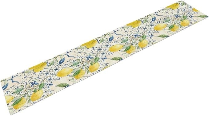 Vintage Lemon Table Runner, Watercolor Yellow Lemons Blue Tiles Spring Summer Seasonal Kitchen Dining Table Decoration for Indoor Outdoor Party, 13x36inch
