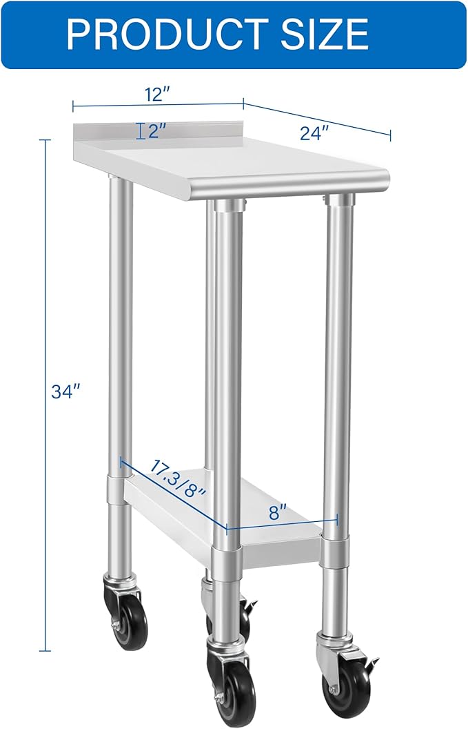 HARDURA Stainless Steel Commercial Work Table with Wheels Prep & Work Metal Table 24×12 Inches Heavy Duty NSF with Casters and 2" Backsplash
