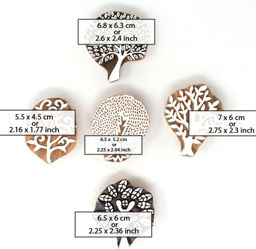 Tree Shape Wooden Block Stamps - Wooden Printing Stamps - Indian Textile Printing Blocks for Tattoo Clay Pottery Henna Card Making Pack of 5, Hashcart®
