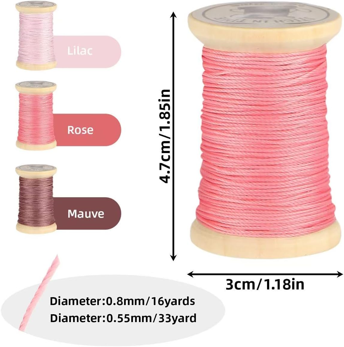 Natural Waxed Thread, 0.55mm/0.8mm, Wax Thread for Handcrafted Wrapping, Sewing, Bookbinding, Leather Threads, Beginners Craft DIY, Hemp Cord (Rose/Lilac/Mauve, 0.8mm/16 Yards)