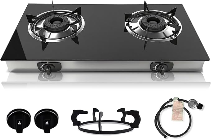 2 Burner Propane Gas Stove, Portable Tempered Glass Camping Stove Propane with Auto-Ignition, 20472 BTU Burners for Cooking, Outdoor, Camping, RV & Emergency Use