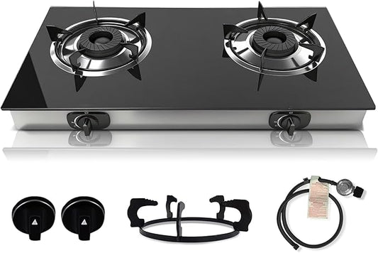 2 Burner Propane Gas Stove, Portable Tempered Glass Camping Stove Propane with Auto-Ignition, 20472 BTU Burners for Cooking, Outdoor, Camping, RV & Emergency Use