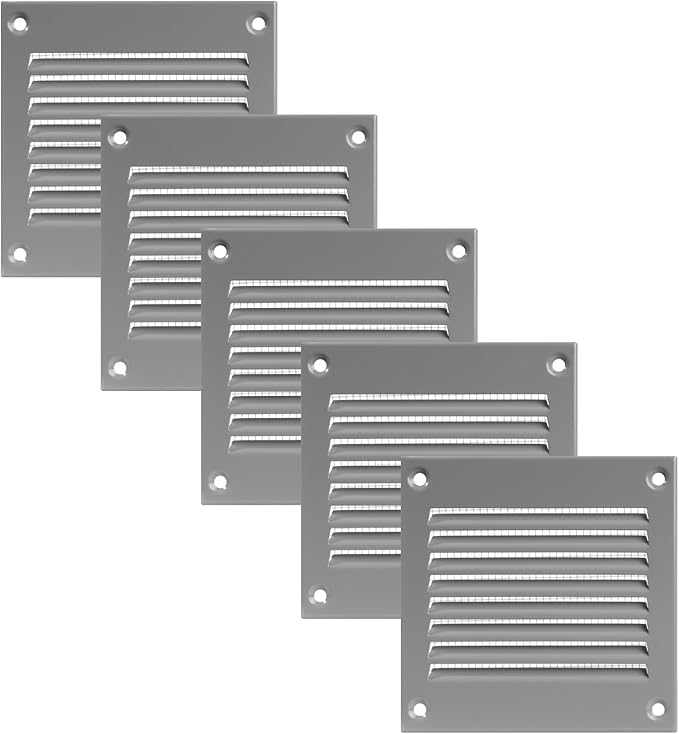 Vent Systems 4'' x 4'' Inch (Overall Dimensions) Pack of 5 - Gray Air Vent Cover - Metal Air Return Grill with Built in Guard Screen - HVAC Ducting Vent Duct Cover for Interior, Exterior Use