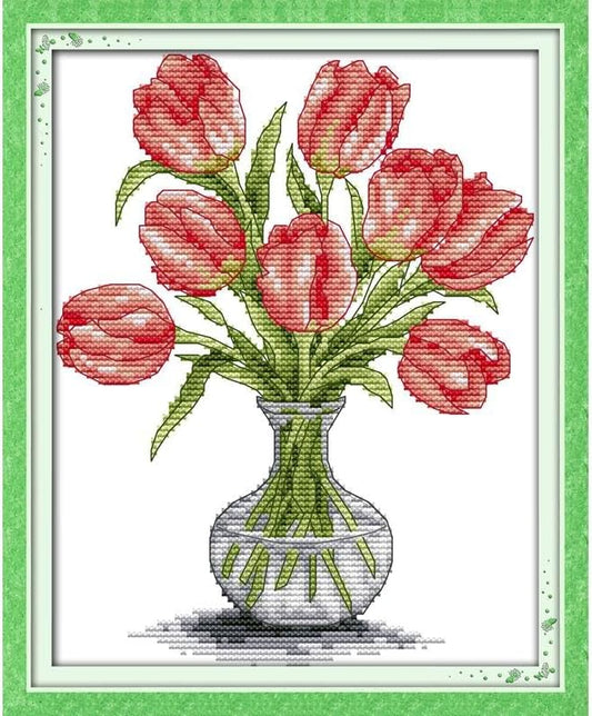 Stitchmelody 14CT Counted Cross Stitch Kits,DMC Unprinted Pattern Embroidery Set Needlework (14CT Counted/Unprinted kit,Tulip vase)