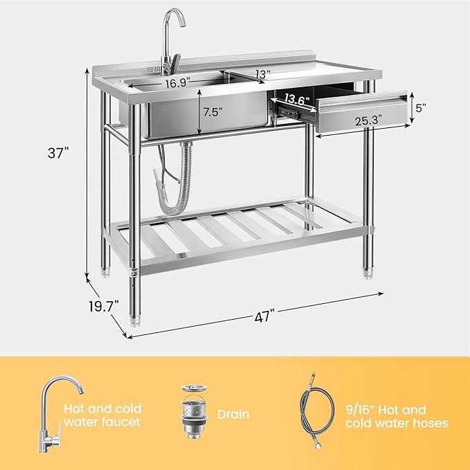 Stainless Steel Utility Sink, 47.2'' Free Standing Single Bowl Kitchen Sink with Cold and Hot Water Pipe, Right Drawer, Indoor and Outdoor for Laundry Room Farmhouse Kitchen(47.2 inch)