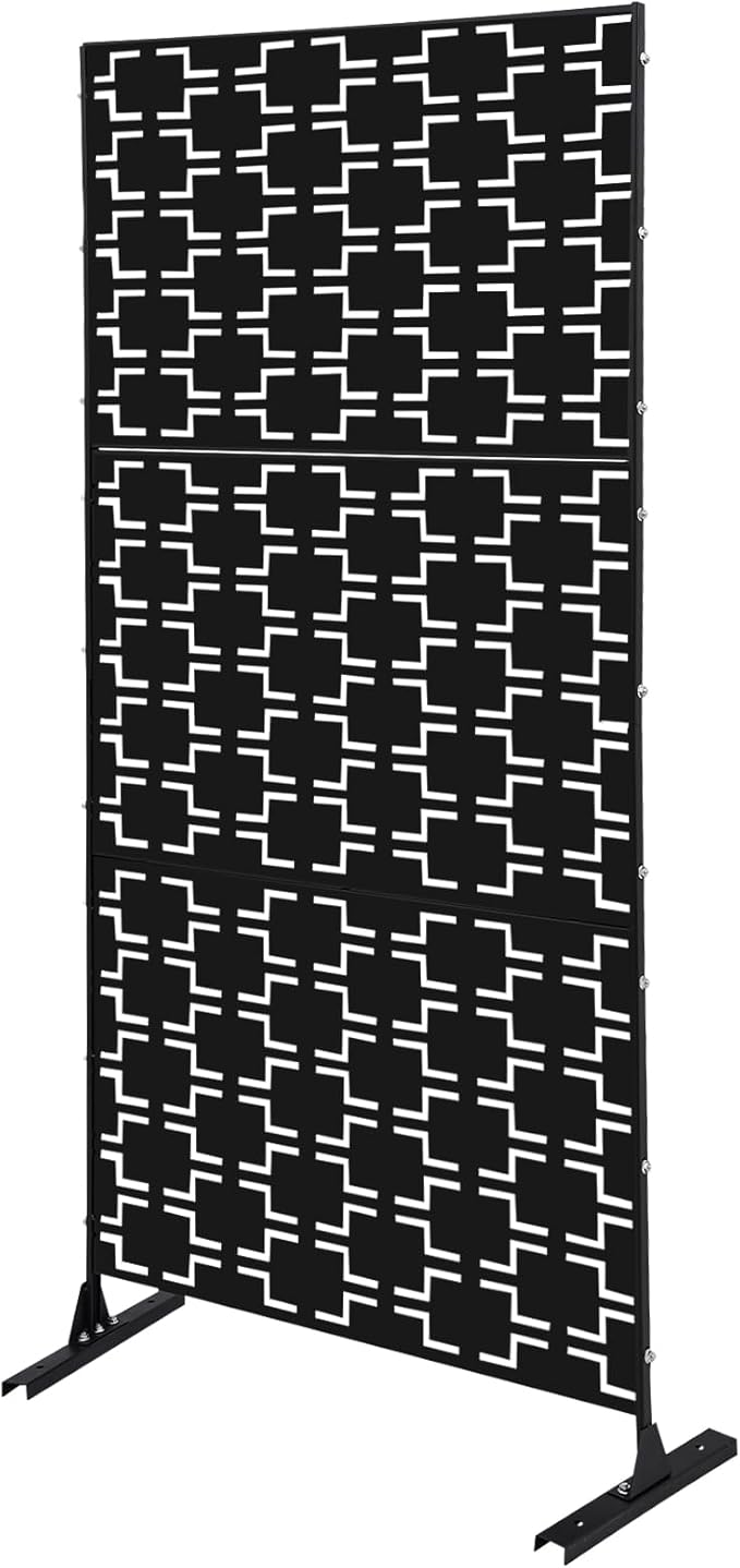 Outdoor Metal Privacy Screen with Stand, 35.4" W x 75" H Freestanding Metal Slatted Decorative Privacy Screen and Panels for Patio Garden Balcony Porch (Black Rectangular)