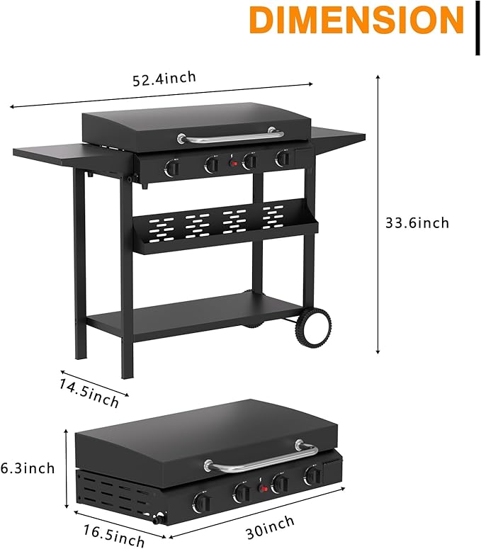 4 Burner BBQ Gas Griddle with Hood, 30 Inch Stainless Steel Portable Detachable Propane Griddle, 60,000 BTU Flat Top Grill with Side Shelves for Camping, Black