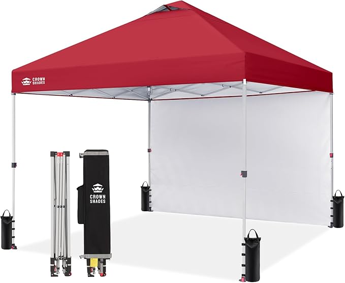 CROWN SHADES 12x12 Pop Up Canopy Tent Instant Commercial with 150D Silver Coated Fabric Including 1 Removable Sidewall, 4 Ropes, 8 Stakes, Weight Bags, STO 'N Go Bag, Red