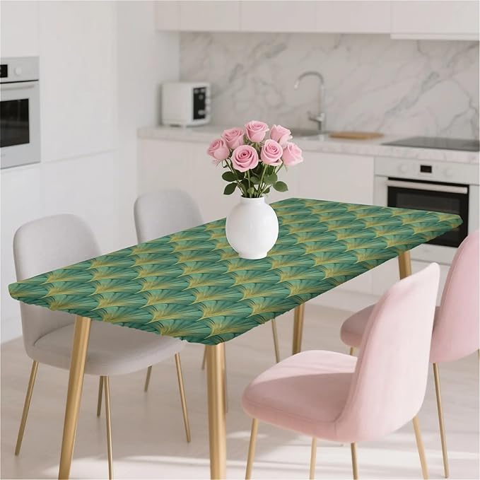 Rectangle Table Cloth Cover Waterproof Elastic Fitted Polyester Fitted Tablecloths for 6 Foot Tables for Indoor,Picnic, Camping, Outdoor （72" x 30"，Green Sector Geometry）