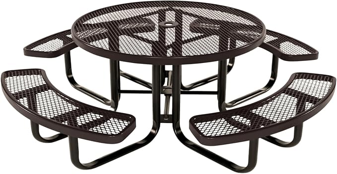 COATEDOUTDOORFURNITURE Heavy-Duty Portable Outdoor Kids Table with Umbrella Hole, Expanded Metal Kids Picnic Table, Commercial-Grade, Made in America (46 in, Round, Childrens, Brown)
