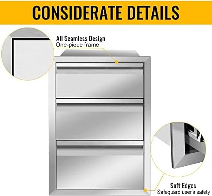 Outdoor Kitchen Drawers, Box Frame Style Flush Mount BBQ Drawer w/Stainless Steel Handle, BBQ Island Drawers For Patio Grill Station,Three Drawers