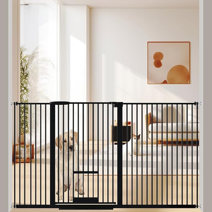 40.55" Tall 1.37" Ultra Narrow Spacing Dogs Pets Baby Gate with Door for Doorway Cat Safety Proof Indoor 57.68-73.43" Extra Wide Puppy Pressure Mounted No Drill White Black Metal Hallway