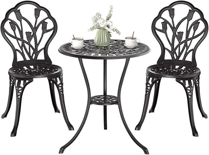 Outdoor Bistro Table and Chairs Set of 2, 3 Piece Patio Bistro Set w/Umbrella Hole, Rust-Resistant Cast Aluminum Bistro Set for Garden/Balcony/Backyard, Black