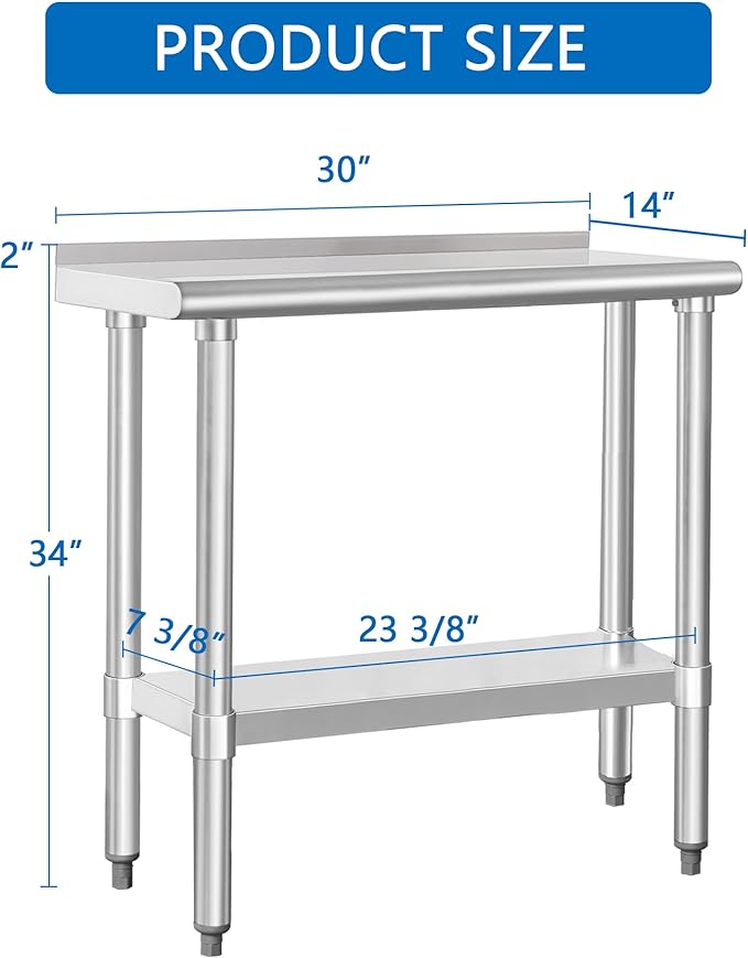 HARDURA Stainless Steel Commercial Work Table Prep Work Metal Table 14×30 Inches with Undershelf and 2" Backsplash Heavy Duty NSF 430 for Kitchen Food Prep