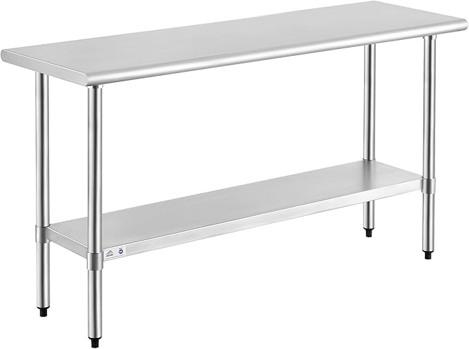 ROCKPOINT Stainless Steel Table for Prep & Work 18x60 Inches, NSF Metal Commercial Kitchen Heavy Duty Table with Adjustable Under Shelf and Table Foot for Restaurant, Home and Hotel