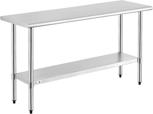 ROCKPOINT Stainless Steel Table for Prep & Work 18x60 Inches, NSF Metal Commercial Kitchen Heavy Duty Table with Adjustable Under Shelf and Table Foot for Restaurant, Home and Hotel