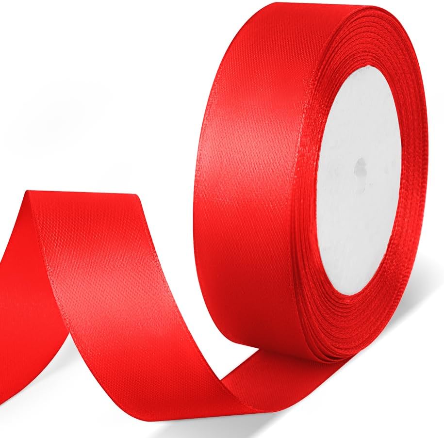1" x 25 Yards Satin Ribbon, Red Silk Ribbon Ideal for Gift Wrapping, Floral Bouquets, Crafts, Wedding Party Decorations, Christmas and Sewing Projects