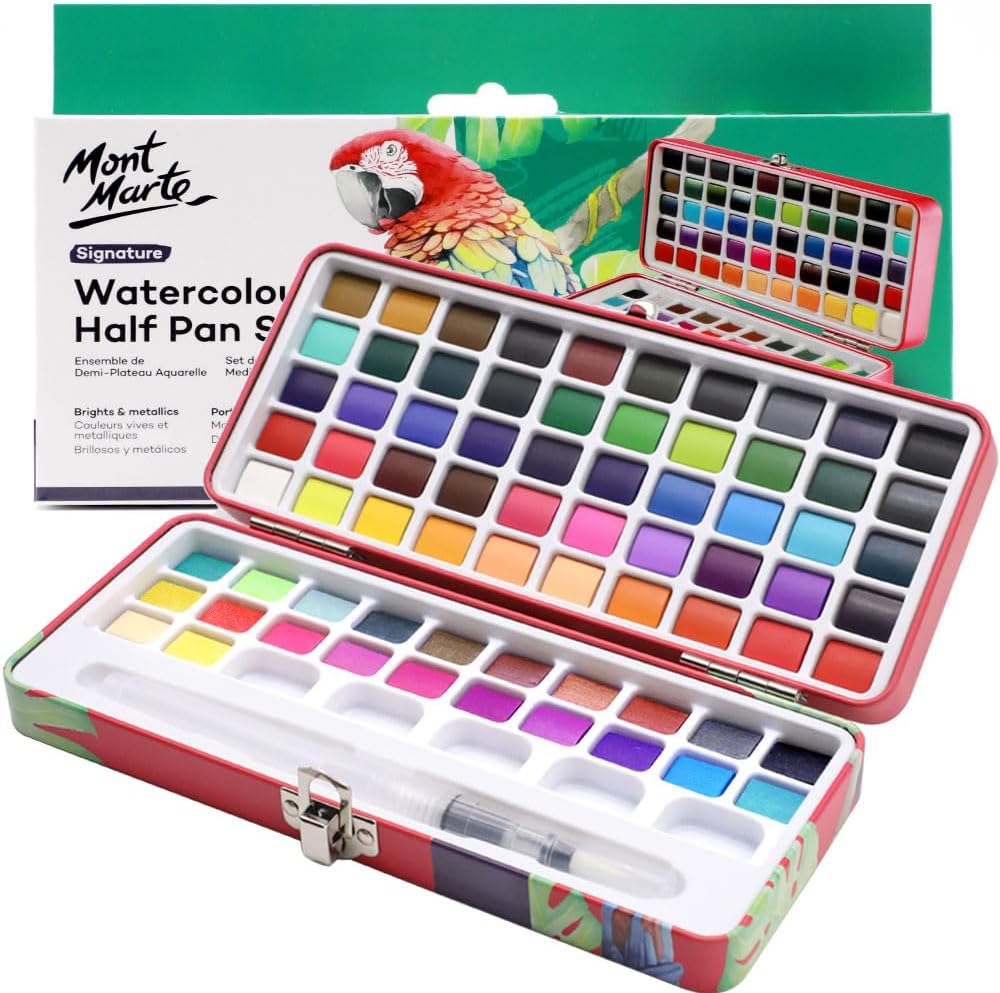 Mont Marte Watercolor Set Full Pan Signature 73pcs, Including 50 Bright and 22 Metallic Colors with Translucent Finish, Ideal for Artists, Hobbyists and Adults