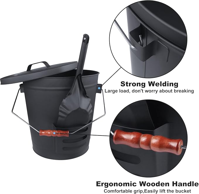 Ash Bucket with Lid and Shovel Hand Broom, 5.15 Gallon Large Galvanized Iron Metal Fireplace Tools Ash Pail for Fire Places Fire Pits Wood Burning Stoves Hearth Accessories Indoor Outdoor, Black
