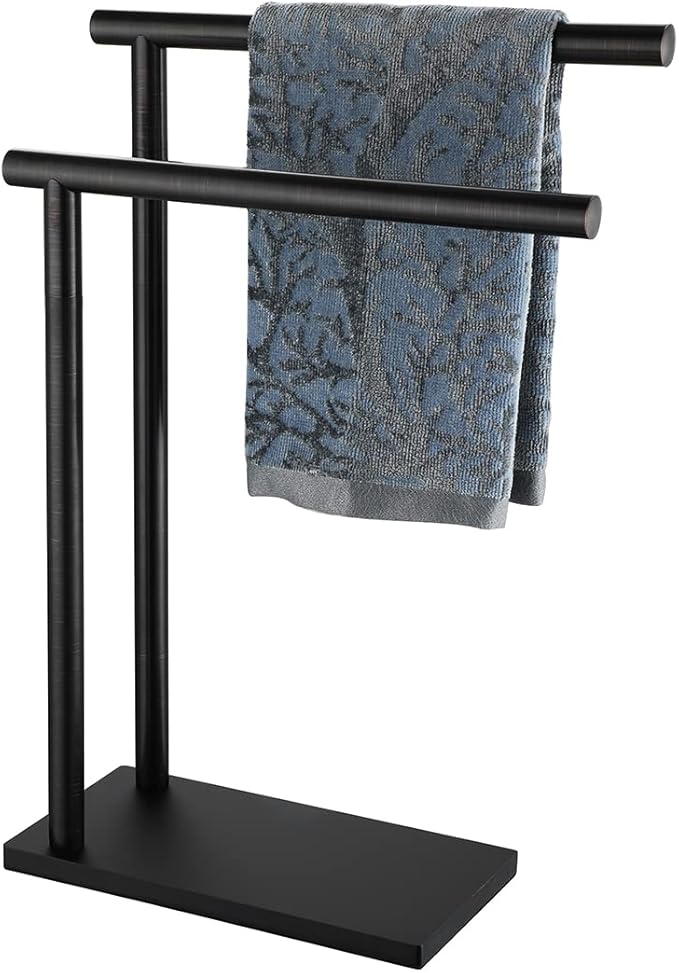 JQK Hand Towel Holder Stand Oil Rubbed Bronze, Modern Tree Rack Free Standing for Countertop with 12 Inch 2 Bars, 304 Stainless Steel ORB, HTT172-ORB