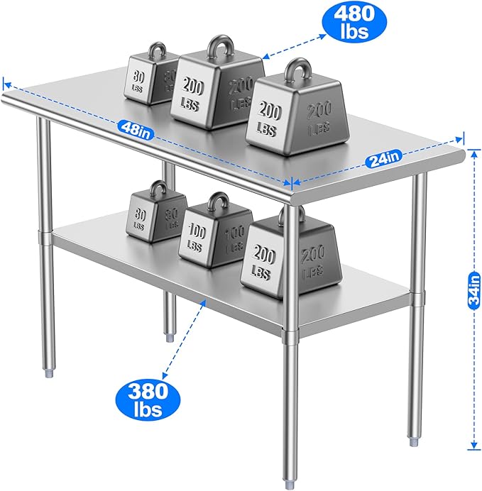 Stainless Steel Table for Prep & Work, 24x48 Inches, NSF Metal Commercial Heavy Duty Table with Adjustable Under Shelf and Foot for Restaurant, Home and Hotel