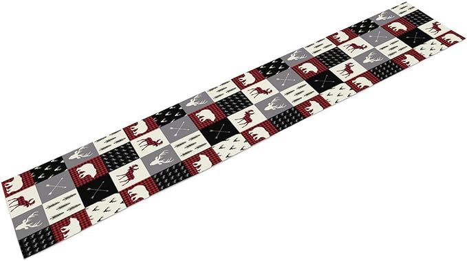 Farmhouse Bear Deer Table Runner, Retro Rustic Village Buffalo Plaid Table Runner for Coffee Table Dining Room Table Bedroom Party Holiday 13x90in