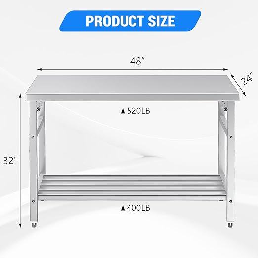Commercial Foldable Heavy Duty Stainless Steel Table, 48 x 24 Inches Metal Prep & Work Desk with Adjustable UnderShelf and Feet for Kitchen Restaurant Home Garage Warehouse
