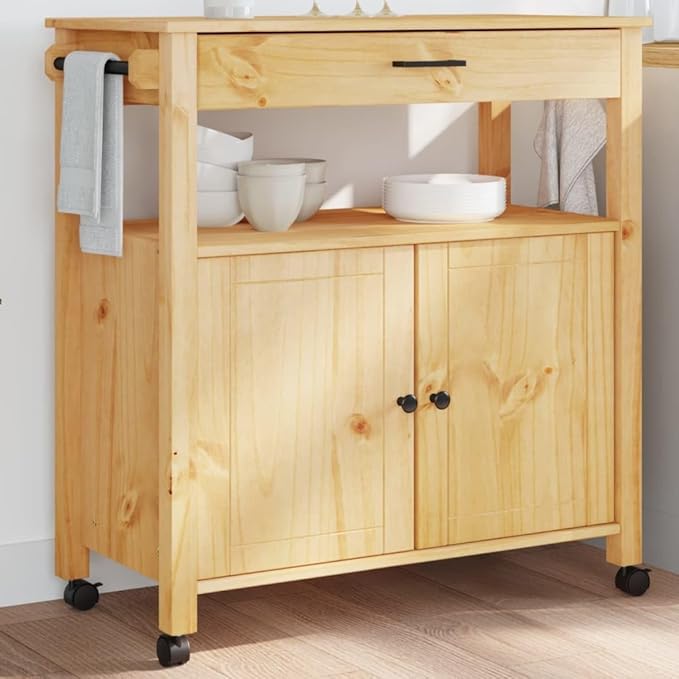 Kitchen Trolley Monza Rolling Kitchen Island Cart with Storage, Portable Dining Room Serving Utility Carts, Brown 33.1" x 15.7" x 35.4" Solid Wood Pine KH79A