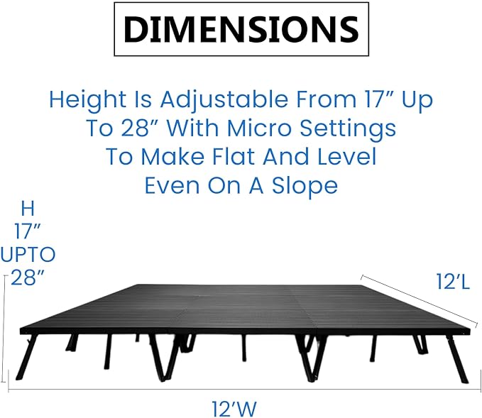 12'x12' MYSTAGE 9 Stage Platform - Portable, Folding Lightweight Aluminum Performance Deck with Adjustable Height 17"-28" - US Patented Design