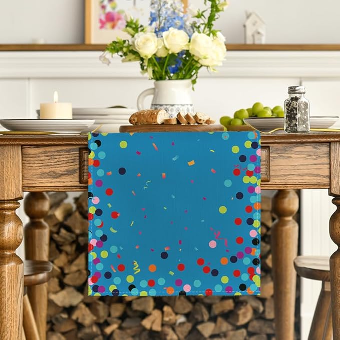 Artoid Mode Polka Dot Blue Happy Birthday Table Runner, Seasonal Winter Kitchen Dining Table Decoration for Home Party Decor 13x72 Inch
