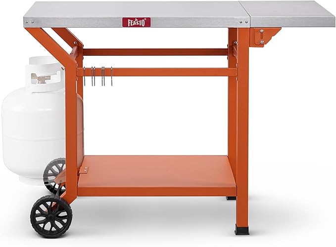 Movable Grill Table with Folding Side Table, Pizza Oven Table as BBQ Food Prep Cart with Undershelf for Outdoor & Indoor Use, 43" L x 20" W Stainless Steel Tabletop, Orange