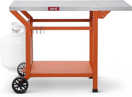 Movable Grill Table with Folding Side Table, Pizza Oven Table as BBQ Food Prep Cart with Undershelf for Outdoor & Indoor Use, 43" L x 20" W Stainless Steel Tabletop, Orange