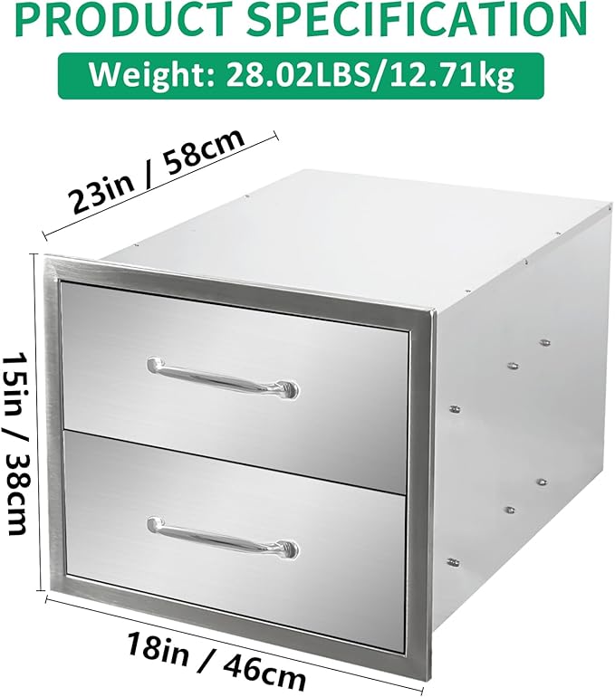Outdoor Kitchen Drawers 18" W x 15" H x 23" D Stainless Steel Double Drawers with Ergonomic Handle for BBQ Island, Patio Grill Station & Outdoor Kitchen Cabinets