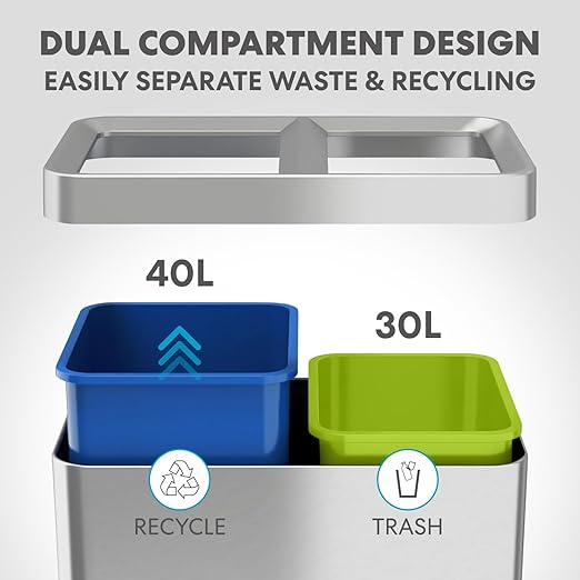 70 Liter / 18.5 Gallon Rectangular Open Top Dual Compartment Recycling Trash Can, Stainless Steel (40L x 30L Capacity) Ideal for Restaurants, Coffee Shops, Gym and Households