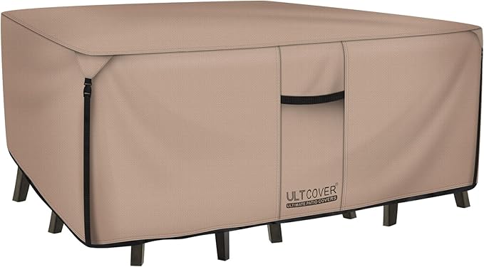 ULTCOVER Rectangular Patio Heavy Duty Table Cover - 600D Tough Canvas Waterproof Outdoor Dining Table and Chairs General Purpose Furniture Cover Size 126L x 74W x 28H inch