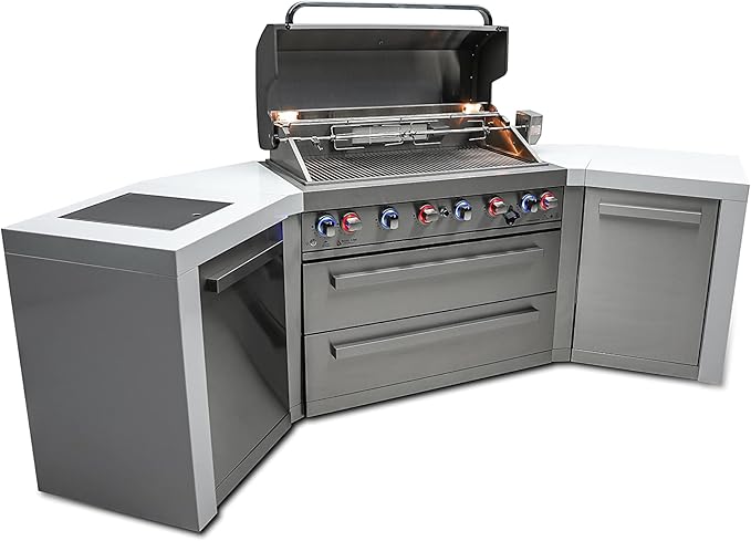 Mont Alpi 44-Inch MAi805-D45 Deluxe 45 Degree 6-Burner 115000 BTU Deluxe Stainless Steel Island Outdoor Kitchen Gas Barbecue Grill w/Granite Countertops & Sides + Storage Drawers & Cabinets