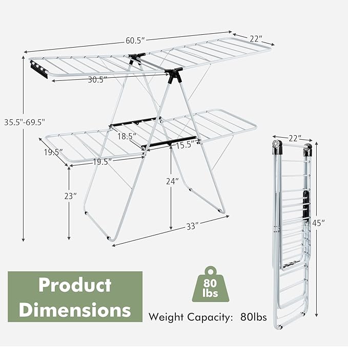 GOFLAME 2-Tier Clothes Drying Rack, Folding Laundry Dry Rack with Adjustable Supporting Bar, 26 Premium Clips, Space-Saving & Collapsible Laundry Hanger for Easy Storage, No Assembly Needed