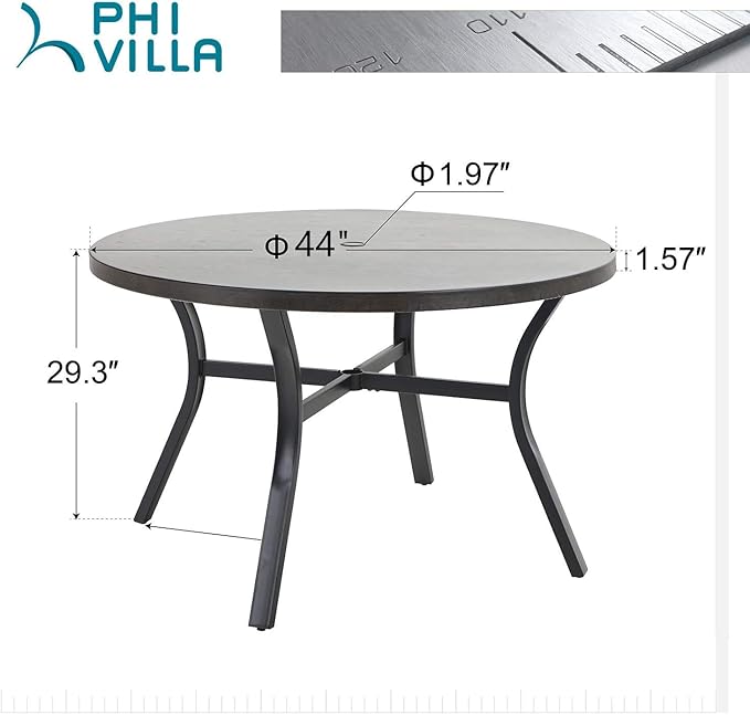 PHI VILLA 44 Inch Large Metal Round Table for 4, Wood-Like Top Patio Table with Umbrella Hole, Large Modern Furniture for Deck, Porch, Yard - Black