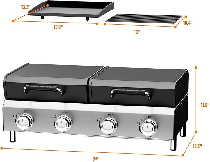 Bonnlo 4 Burners Gas Flat Top Grill and Griddle Combo with Lid, Powerful 40,000 BTU Grills with Integrated Ignition & Heat-resistant coating, Camping Grill with Simple Control Knob for Outdoor BBQ Use