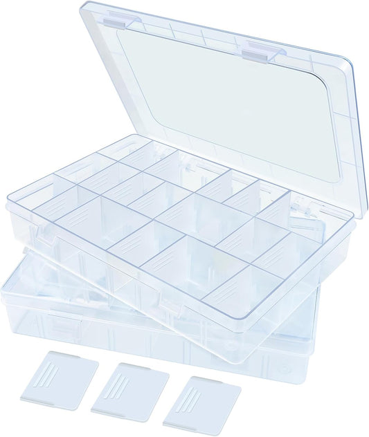 2Pack 24 Grids Craft Organizers and Storage Bead Organizer Tackle Box Organizer with Adjustable Divider, Plastic, Clear