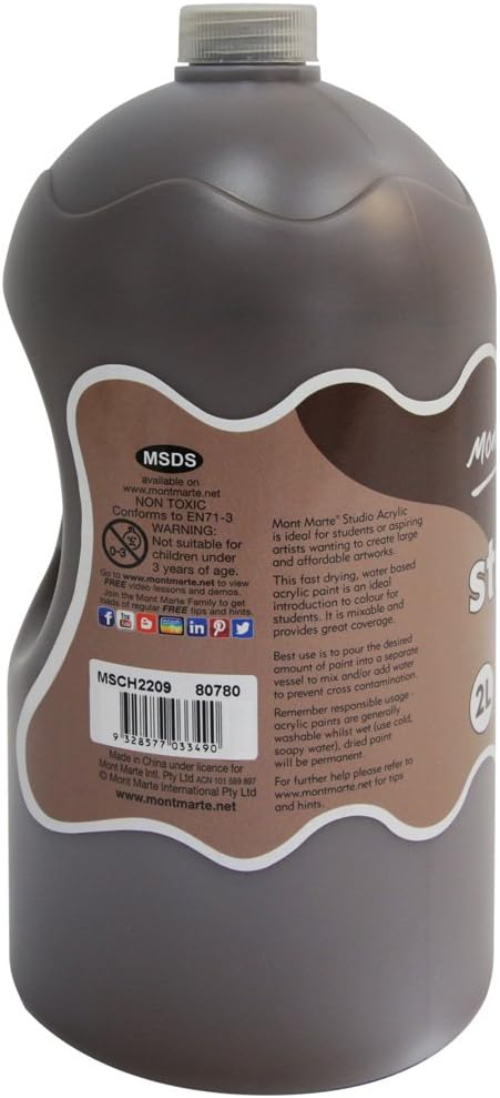 Mont Marte Discovery School Acrylic, Burnt Umber, 1/2 Gallon (2 Liter). Ideal for Students and Artists. Excellent Coverage and Fast Drying. Pump Lid Included.